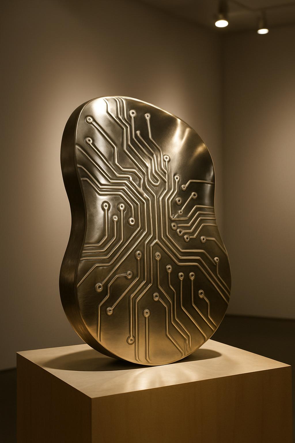 A large gold, laptop-style computer chip with circuitry lines sits on a pedestal in an illuminated art gallery.