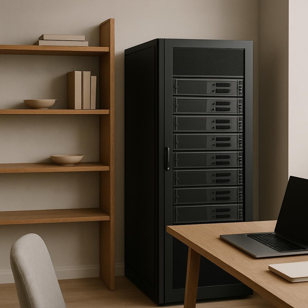 A modern office with a large black server cabinet, a wooden desk with a laptop, and a bookshelf with books and decorations...