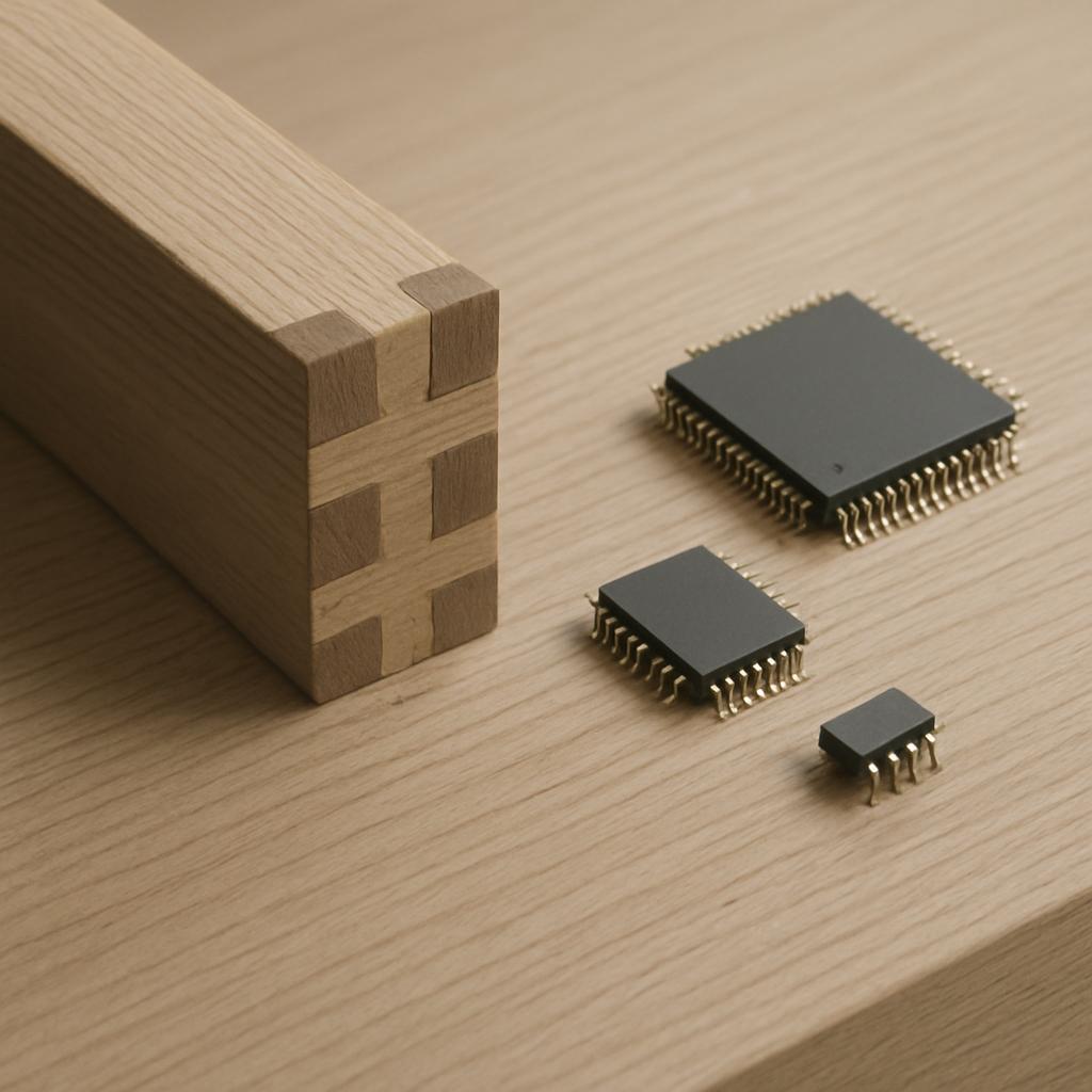 Different electronic components and a block of wood.