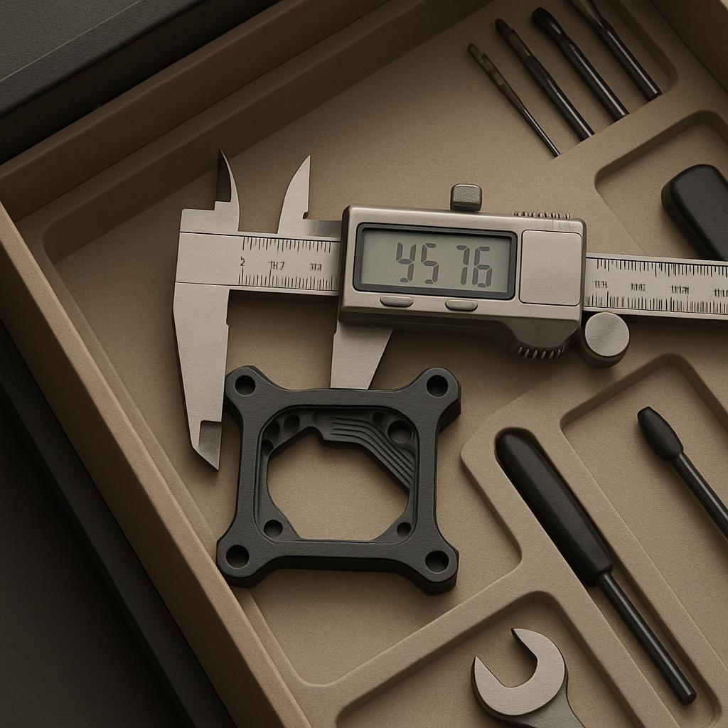 A vernier caliper measures approximately 45.76mm with assorted tooling sectioned in a tan tray, sans background shading.