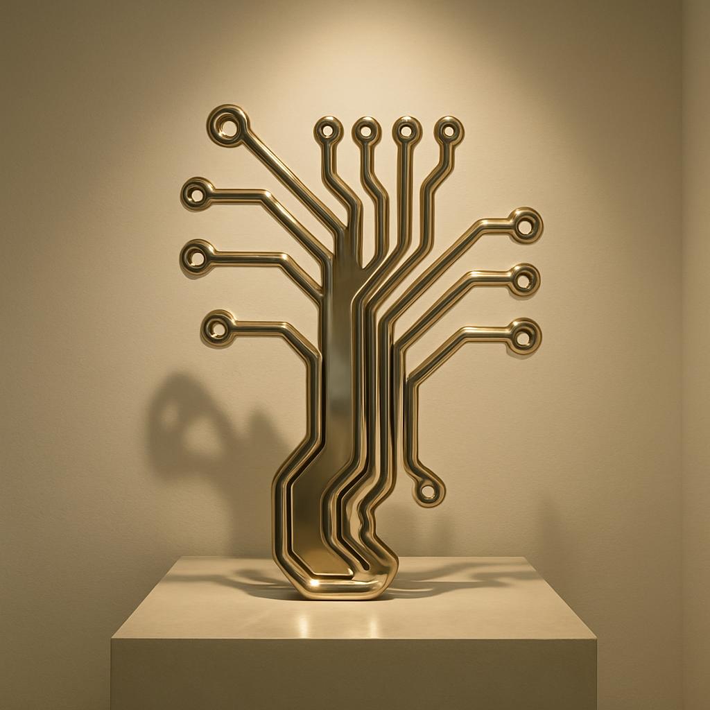 A stylized image featuring a gold-colored metal sculpture in a tree-like form, sitting on a white pedestal against a beige...